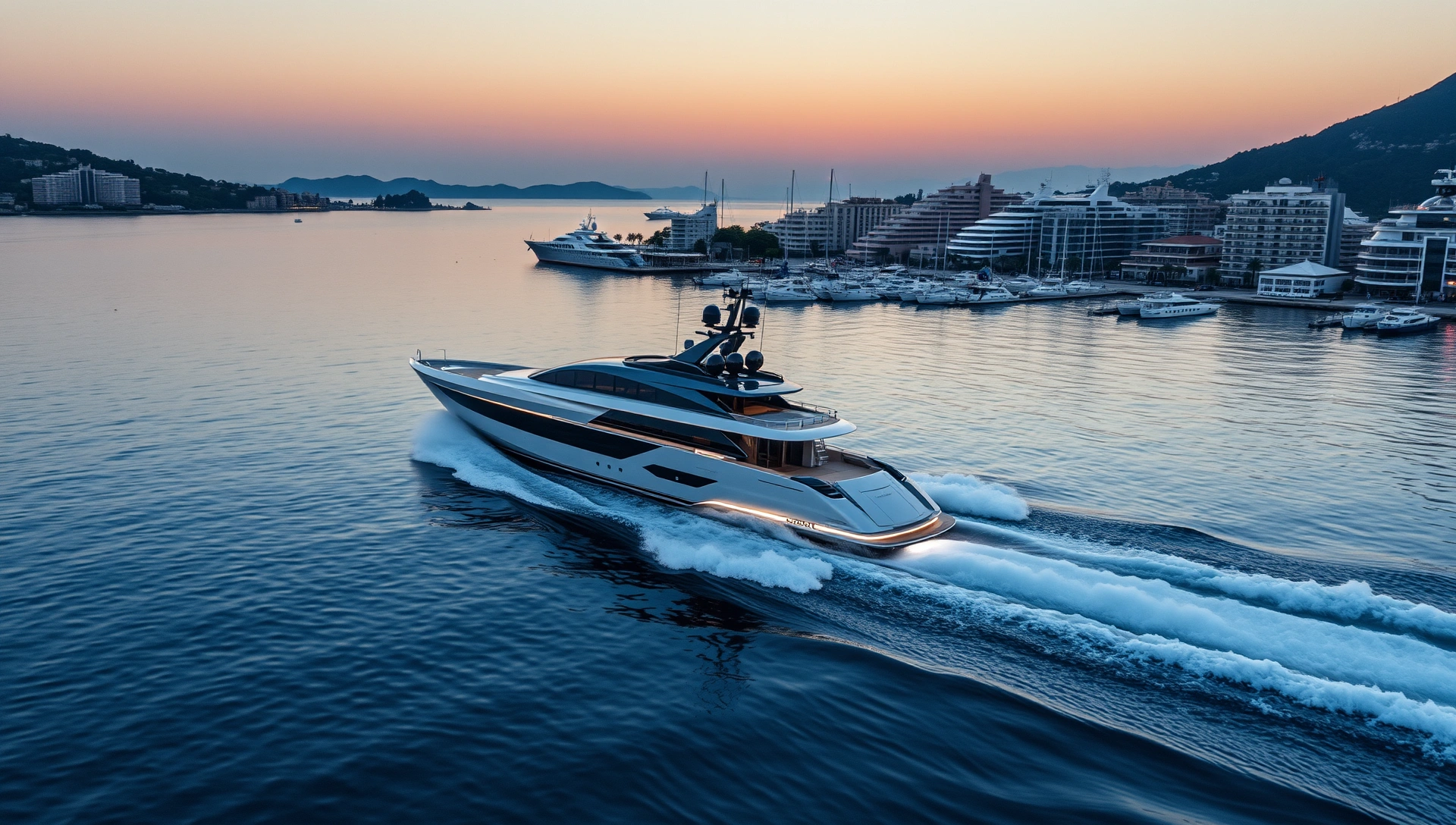 Voltaire Marine electric yacht gliding through Monaco harbor at sunset